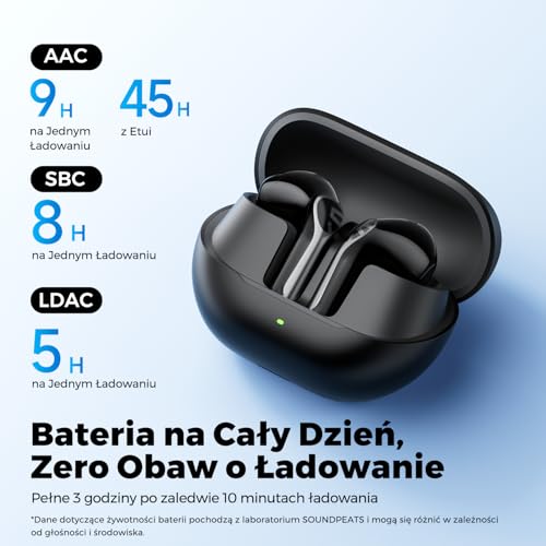 SOUNDPEATS Air6 HS Bezprzewodowe Słuchawki Douszne z Dźwiękiem Hi-Res i LDAC, Baterią 45H, Słuchawki Bluetooth 6.0, 4 Mikrofonami, IPX5 oraz Sterowaniem Dotykowym i Aplikacją Czarny
