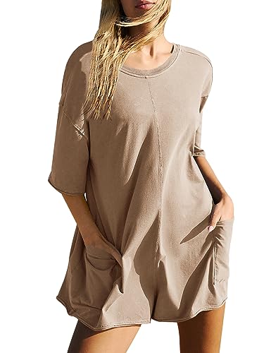 Ugerlov Women's Athletic Tee Romper Short Sleeve Workout Rompers Active Onesie Casual Shorts Jumpsuit with Pockets, Khaki, Small