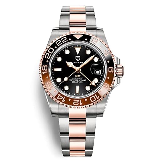 Relógio masculino Pagani Design GMT relógios de pulso automáticos 40 mm data 100 m à prova d'água aço inoxidável vidro safira vidro mecânico PD-1662, 3, ouro rosa, preto, lazer, moda, viagens. Piloto,