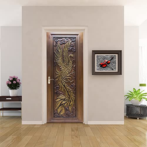 Door Sticker Wallpaper Murals Peel And Stick, Wall Sticker Decal For Bedroom Home Decor Waterproof, Removable Premium Vinyl Upgrade, Holy Beast Phoenix Wood Door #TOP2