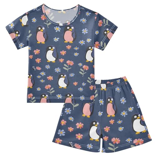 ALAZA Penguin Blossom Floral Pajamas Short Sleeve 2 Piece Sleepwear Top and Bottom Pajama Set Unisex