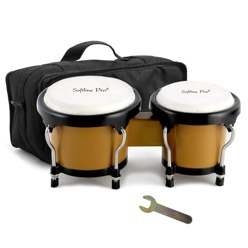 Image of Softline Pro Bongo Drum Set with Tuning Wrench & Padded Professional Wooden Percussion Instrument for Beginner Adults Kids - Natural Skin (CARAMEL ABS)