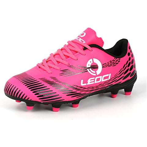 LEOCI Men's Women's Firm Ground Soccer Cleats Outdoor/Indoor Boys Girls Professional Futsal Football Training Sneakers (4.5 Boys/Girls/Women, Rose Red) Cover