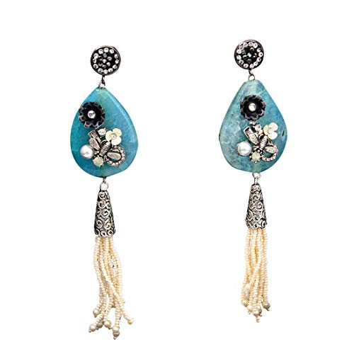 Gemsonclick Elegantes aretes colgantes de plata alemana, con tachuelas de plata preciosa inspirada en Bollywood, colección Indo-Western, elegantes aretes con borlas, regalo para amor, esposa, hermana,