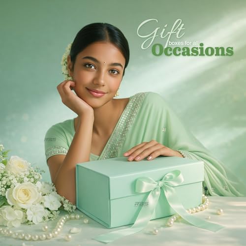 Image of RBS - Foldable Gift Box with Ribbon 23 x 16 x 10cm Gift Boxes for Packaging (1 Pack) Multi-Purpose Gift Boxes for Presents Reuse Gift Packing Box Decorative Hamper Box (Minty Magic)