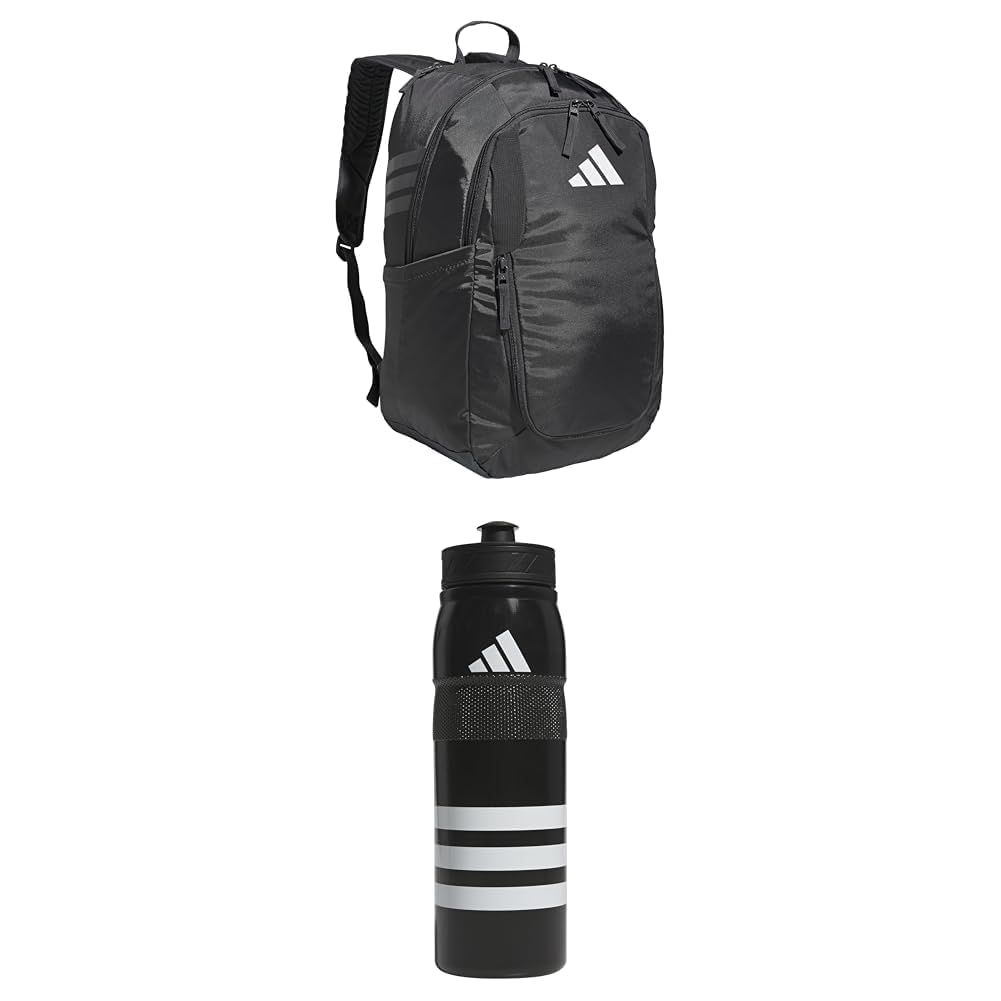 adidas Stadium Team Sports Backpack (36L) + 750 ml (28 oz) Refillable Plastic Sport Water Bottle, Dark Grey + Black/White/Black, One Size