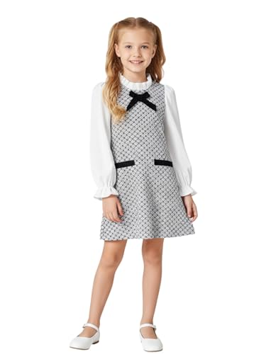 PATPAT Mädchenkleid Klassischer Tweed-Stil für Herbst/Winter, Prinzessin Kleid Langarmen und Elegantem Design, Partykleid und Einschulung-Kleid Perfekt für Teenager Mädchen, Schwarz-Weiß, 8-9 Jahre