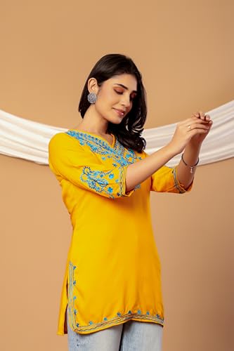 Image of Rayon Kashmiri Embroidered Short Kurti for Women | V-Neck Tunic Top with 3 /4 Sleeves | Floral Design Indo-Western Kurti for Jeans & Leggings