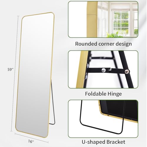 Image of BEAUTYPEAK 59 inchx16 inch Mirror Full Length, Standing or Leaning Rounded Corner Full Body Floor Mirror with Metal Framed,Suitable for Living Room or Bathroom,Gold