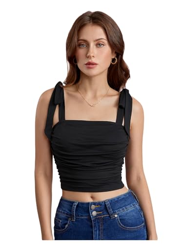 Verdusa Women's Knot Tie Shoulder Crop Cami Top Sleeveless Ruched Y2k Going Out Tops4