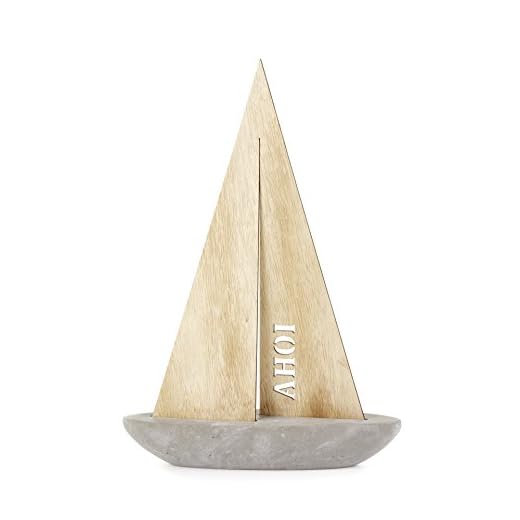 Heitmann Deco - Nave de Vela con Texto Ahoi - de Piedra y Madera - Decoración marítima para Apartamentos y casa - Decoración de Mesa, 23 x 7 x 34 cm