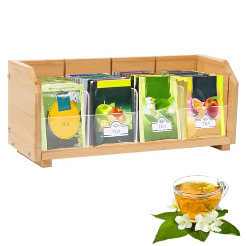 TOWEBOORY Tisane Scatola Porta tè, 4 Scomparti, Porta Tè in Verticale in Legno Dispenser per Bustine di Tè Scatola Porta Oggetti per Bustine di Tè, Bustine di Caffè, Dolcificanti, Zucchero
