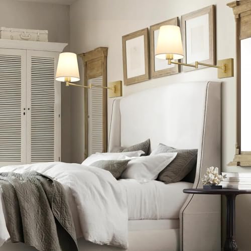 Image of Aipsun Gold Wall Sconce Set of 2, Swing Arm Wall Lamps, Modern Bedroom Wall Sconce Fixtures with Fabric Lampshade for Reading Hallway Living Room(Exclude Bulb)