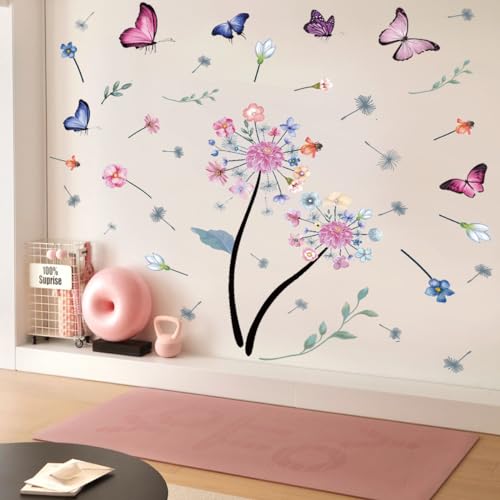 Flowers Wall Decals Removable Dandelion Wall Stickers Inspirational Quotes Flying Butterfly Wall Stickers Murals Self-Adhesive Peel and Stick Colorful Flower Wall Decor for Girls Bedroom Living Room