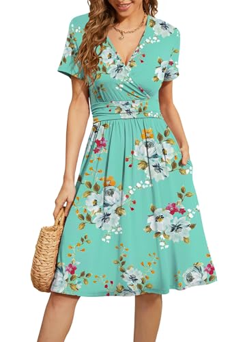 WEACZZY Damen Sommer Kurzarm Freizeitkleider V-Ausschnitt Floral Partykleid mit Taschen, Mintgrüne Blume, Groß