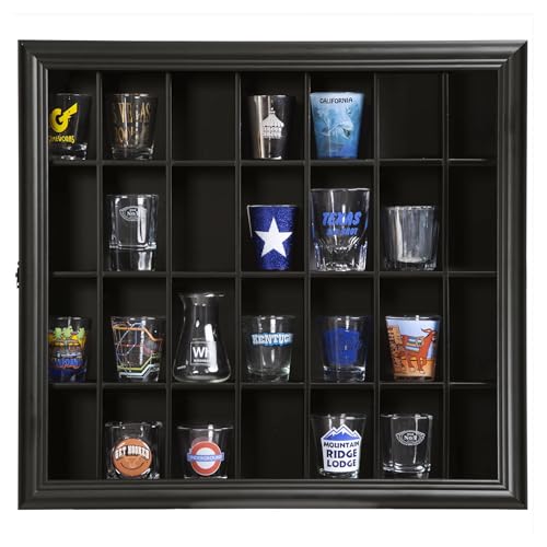 Pinnacle Gallery Solutions Black 18x16 Shot Glass Collection - Hinged Front Display Case Holds 28 Shot Glasses or Small Collectibles - Bar, Home, Office Accessories