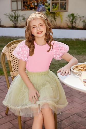Image of Arshiner Girls Shirts Mesh Puff Short Sleeves Blouse Crewneck Cute Print Summer Kids Tee Tops