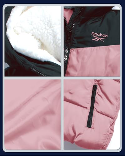 Image of Reebok Girls Heavyweight Poly Taffeta Puffer Jacket with Sherpa Hood | Insulated Quilting Locks in Warmth, Zip-Up Closure, Secure Pockets for Gloves, Cozy Protection for Cold-Weather Play