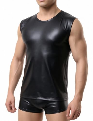 Image of AIEOE Men's Leather Metallic Shirts Shiny Slim Fit Stretch Top Wetlook Club Party Undershirts