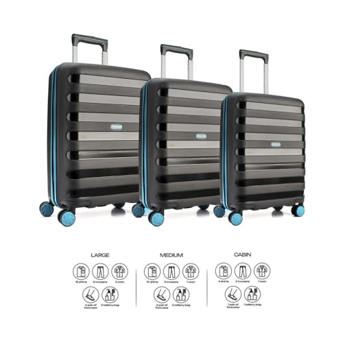 Image of Police Primex Bi-Color Trolley Bag | Hard PP Check-in Suitcase with TSA Lock & 8 Spinner Wheels | Lightweight Travel Luggage for Men & Women | Black /Teal (Set of 3)