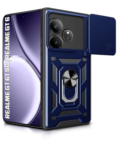 Image of WOW IMAGINE Tough Armor Bumper Mobile Back Case for Realme GT 6T 5G | Realme GT 6 | Sliding Camera Shield Cover | Shock Proof 360 Protection | Hybrid PC + TPU | Ring Holder with Kickstand - Blue