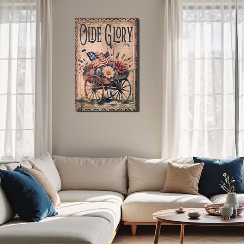Image of Framed Olde Glory 1776 American Flag Wall Art, Patriotic Vintage Canvas Art Pictures, USA Flag Flower Wall Decor, Made in USA Ready to Hang for Living Room Entryway