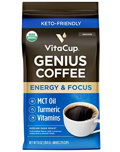 Vitacup Organic Genius Ground Keto Coffee, Increase Energy & Focus W/Mct Oil, Turmeric, B Vitamins, D3, Usda Organic Ground Coffee Medium Dark Roast, Bold & Smooth, 100% Arabica Coffee Grounds, 10 Oz #TOP27