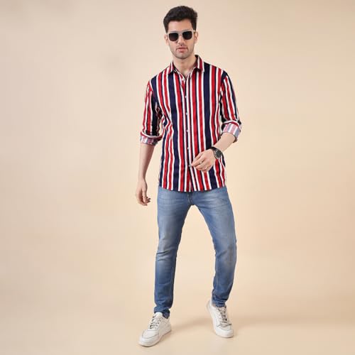 Image of Urban Scottish Men's Regular Fit Cotton Printed Shirt, Long Sleeve Button Down Collared, Soft Breathable Fabric, Stylish Everyday Wear Casual Shirt for Mens - Red & Navy