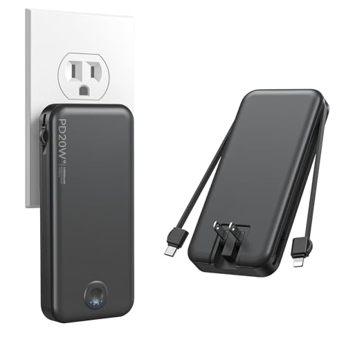 Image of Nusyddy Portable Charger 10000mAh PD20W w /Built-in Cables & Wall Plug Black | PD20W Fast Charging, Battery Indicator, Pass Through Charging, TSA Approved, Compact /Slim, Power Bank for iPhone /iPad /Samsung