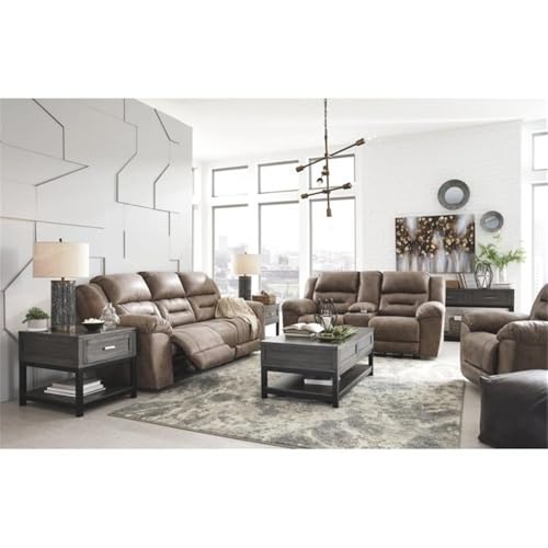 Image of Signature Design by Ashley Stoneland Faux Leather Power Reclining Sofa, Light Brown