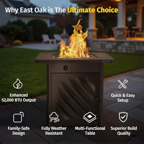 Image of East Oak 28 inch Outdoor Propane Fire Pit Table | 52,000 BTU Gas Fire Pit for 2-4 People with Space-Saving Hock Lid, Mesh Pocket & Lava Rocks | CSA Certified Safe for Patio, Deck, Backyard, Brown