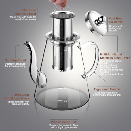 Image of Glass Teapot, 1200ml (40oz) Tea Pot with Infuser for Loose Tea and Blooming Tea, Stovetop Safe Tea Kettle, Hand Crafted Borosilicate Glass Tea Maker with Scale Line, Tea Gift Set for Tea Lovers