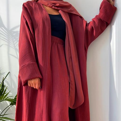Image of Open Abayas Kimono Muslim Women Cardigan Maxi Dress and pants Set Islamic Clothing Dubai Saudi Robe