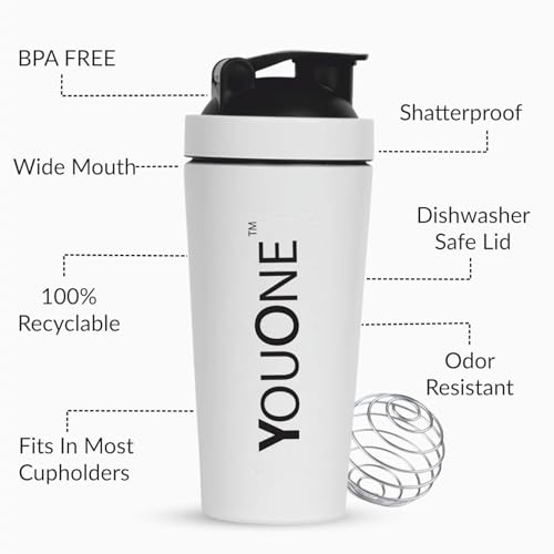 Image of YOUONE Stainless Steel Shaker Bottles For Gym - 100% Leakproof Guarantee, Ideal For Protein, Pre Workout, Bcaas & Water Bpa Free Material (White)
