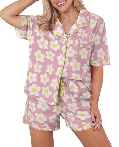 Image of KevaMolly Women Floral Notch Collar 2 Piece Holiday PJ Set | Print Short Sleeve Top, Drawstring Soft Vacation Sleep Shorts