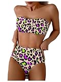 GORGLITTER Women's Leopard Print High Waisted Bikini Sets Strapless Bandeau Top 2 Piece Beach Swimwear Khaki Large