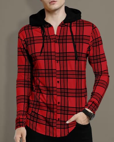 Image of Noble Monk Men's Cotton Blend Hooded Neck Full Sleeve Shirt | Regular Fit | Checkered Pattern | Casual Shirt
