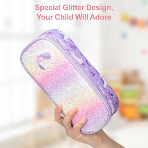 Image of Bagseri Kids Pencil Case Girls - Cute Pencil Case Large Capacity Pencil Pouch Pencil Box, Multifunction Pencil Bag with Compartments for Girls Kids Teen, Pen Case Only (Glitter Purple Unicorn)