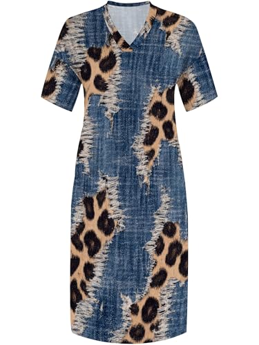 Image of SUZONANA Plus Size Denim Print Maxi Dresses for Women Casual V Neck Short Sleeve with Pockets Soft Jean Look Dress XL-6XL