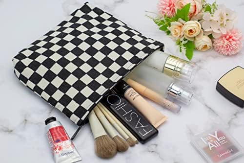 Makeup Bags for Purse Zipper Cosmetic Pouch Large Travel Canvas Make Up Organizer Tool Pouch for Women and Girls PAZIMIIK,Checkered Black — view 4