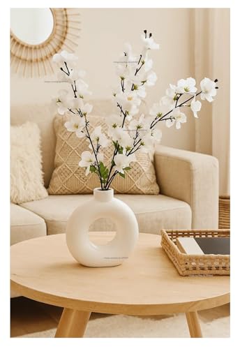 Image of SPHINX Ceramic Vase with Artificial Flowers| Flower Vase Pot for Home Decor,Living Room,Dining Table & Office|Modern for Decoration, (Donut with 1 Cherry Blossom Assorted White OR Yellow)