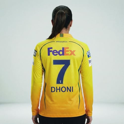 Image of playR x Chennai Super Kings Original Match Jersey IPL 2026 - Adult Dhoni 7 Long Sleeve CSK Cricket T-Shirt, Regular Fit Sportswear Tee for Training, Outdoor & Match Day Activewear for All Season