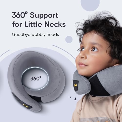 Image of Frido Kids Memory Foam Travel Neck Pillow with Travel Pouch | 360 Chin & Neck Support for Comfortable Sleep | Adjustable Velcro Straps | Ideal for Car, Flight & Road Trips | Bluish Grey