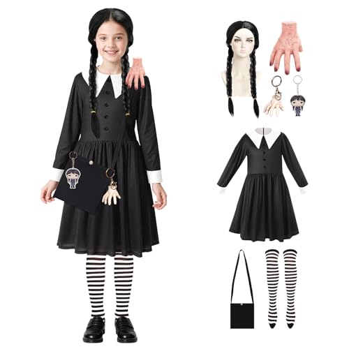 Wednesday Addams Costume Children, Wednesday Addams Costume Girls Black Wednesday Cosplay Costume Halloween Cosplay Fancy Dress Costumes Outfit (S, 120 cm)