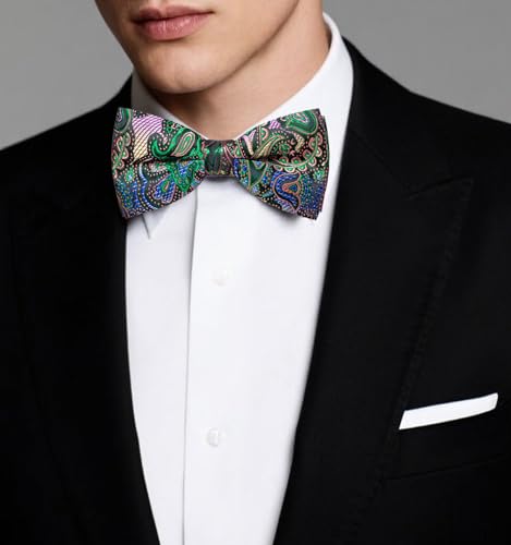 Image of Dubulle Mens Paisley Striped Bowtie Set Pre-tied Bowtie for Men and Pocket Square Set Wedding Business