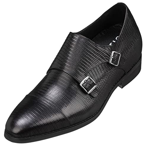 CALTO Men's Invisible Height Increasing Elevator Shoes - Black Leather Slip-on Dual Monk Straps Formal Loafers- 2.8 Inches Taller - K3114 - Size 10 D(M) US