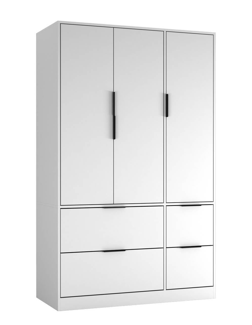 URBNLIVING 3 Door Wardrobe with 4 Drawers – Wooden Bedroom Storage Cupboard with Hanging Rail for Clothes - White Unit & White Doors & Drawers