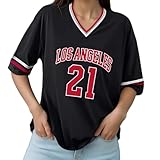 Elincho Jersey Shirts for Women Y2k Number Graphic Oversized Tshirts V Neck Striped Trim Short Sleeve Summer Casual Tee Tops