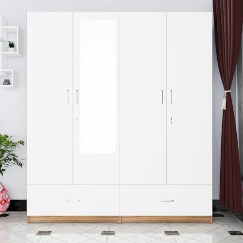 Image of VIKI Wardrobe |Wooden Almirah for 4 Door Wardrobe with 2 Split Drawer & Hanging Space with Mirror (Walnut |White - 40D x 160W x 180.8H) | 1 Year Warranty | Free Assembly