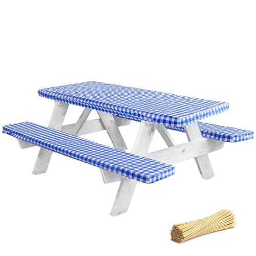 LINPRO Premium Picnic Table Cover with Bench Covers Vinyl Fitted Picnic Table Covers with Elastic RV Camping Accessories and Camper Must Haves Waterproof (Blue Gingham, 72 x 30 (6ft))